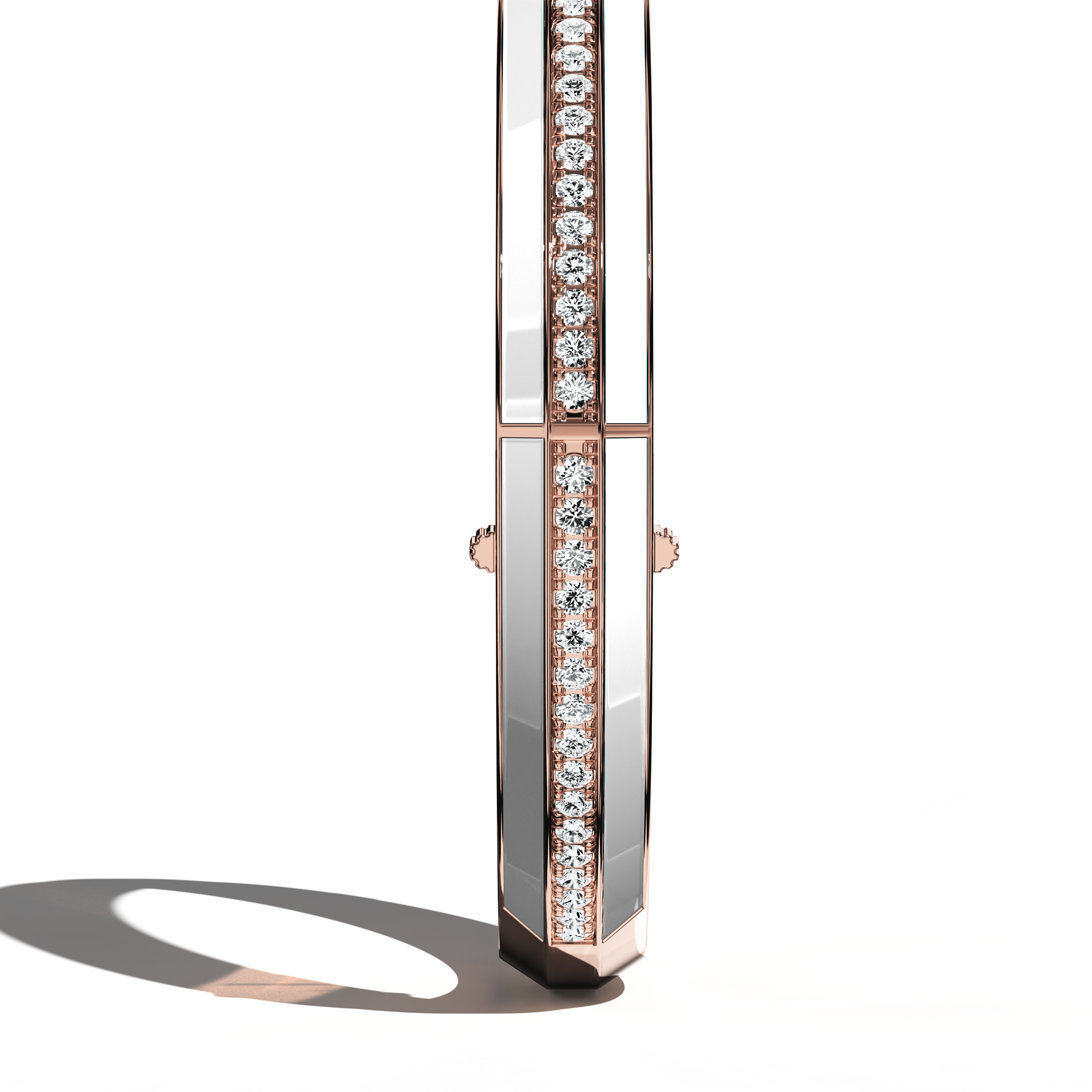 Standing side view of a side enamel center paved bangle in rose gold (often described as blush gold), featuring a radiant white enamel panel. Enhanced by 2.60 carats of pavé-set diamonds, this piece—called bracelet, armlet, kangan, or pulsera—offers a harmonious blend of warm metal and bright enamel. The slender profile highlights its modern yet graceful design. Keywords: bangle, enamel, diamonds, rose gold.