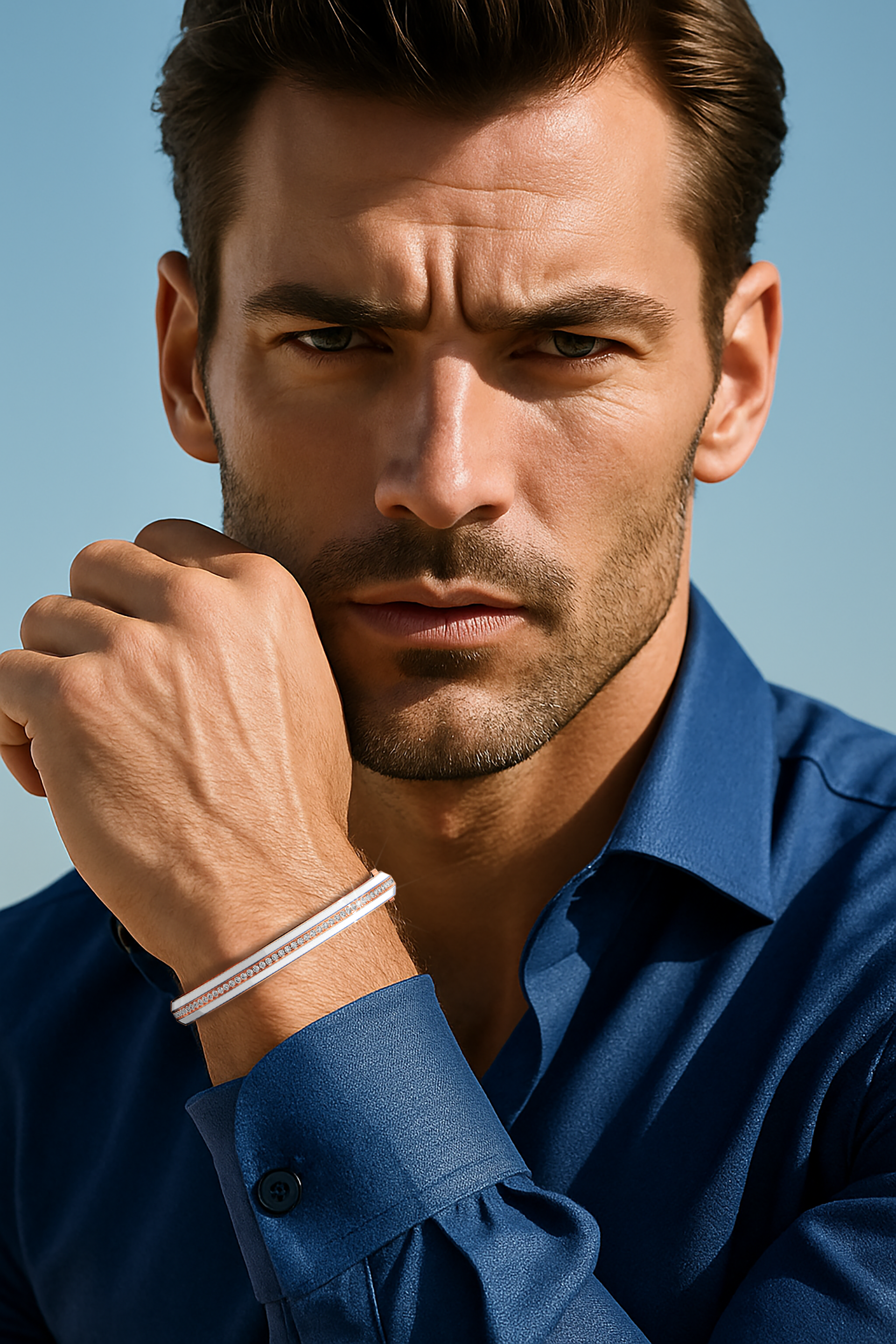 Side enamel center paved bangle in rose gold (also known as pink gold) with white enamel, worn on a masculine wrist. Its 2.60-carat diamond pavé creates a refined sparkle, making this bracelet, armlet, kangan, or pulsera an unexpected yet striking accessory. The juxtaposition of blush-toned metal and crisp enamel offers a contemporary elegance suitable for various styles. Keywords: bangle, enamel, diamonds, rose gold.
