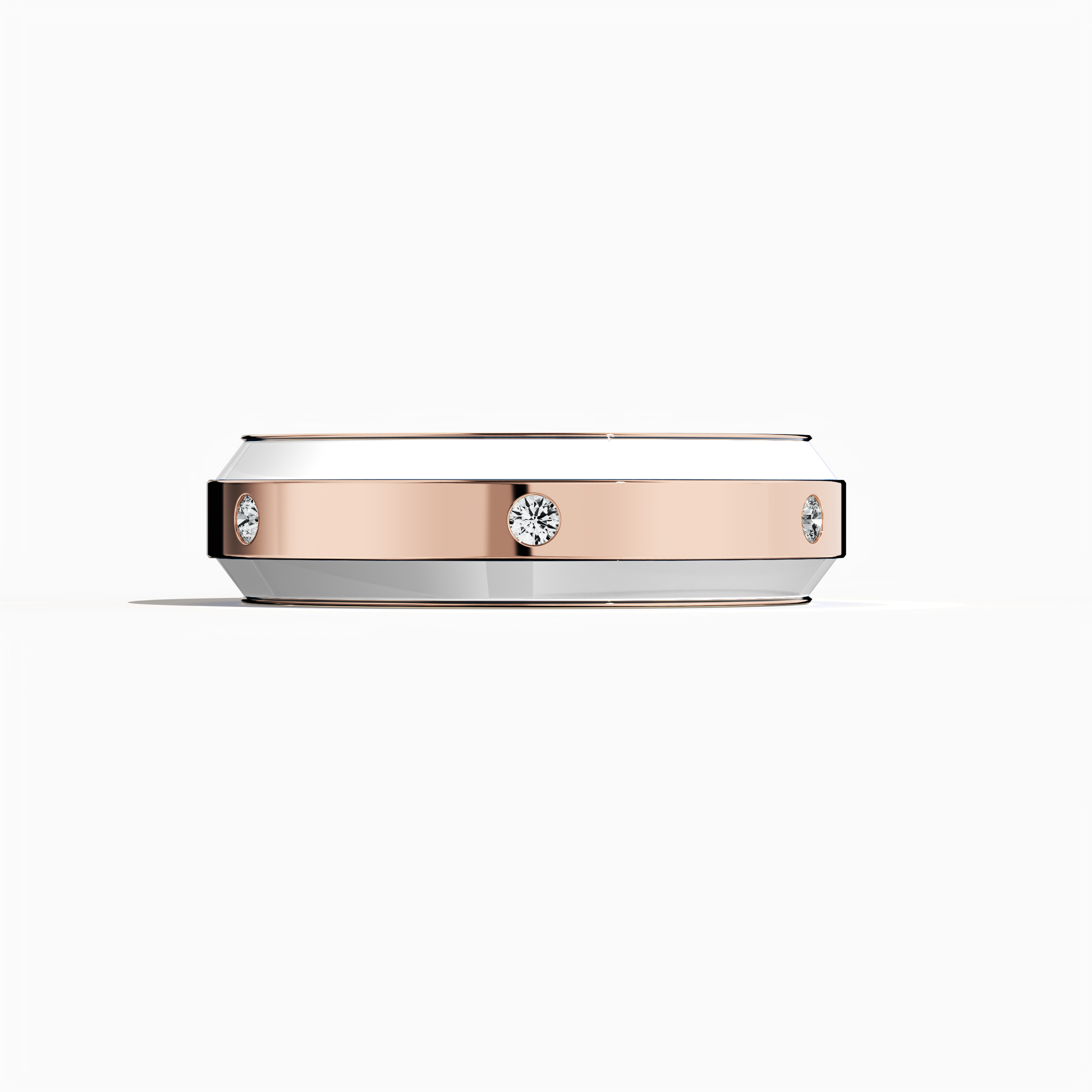 Exquisitely fashioned in rose gold with pristine white enamel, this six‐diamond ring presents a glossy finish and a centerline of radiant diamonds (up to 0.20 carats). Also recognized as “Enamel Enchantment,” “Vintage Elegance,” and “Luminous Legacy,” its design blends modern artistry with classic allure. Captured from a sleeping front view, the image showcases meticulous detailing, luxurious polish, and keywords: luxury, designer, handcrafted, fine jewelry.