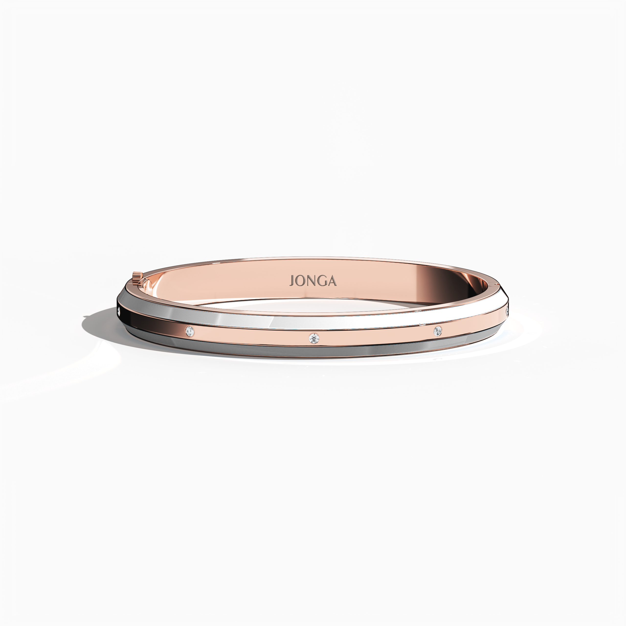 Front top view of a side enamel 9-Diamonds bangle with 0.25 carat total diamond weight in radiant rose gold—often referred to as pink gold, red gold, or blush gold. Called a diamond-encrusted bracelet, kada, or armlet, it features a sleek white enamel border—pearl or ivory in hue—emphasizing nine shimmering diamonds. Keywords: diamond bangle, rose gold, white enamel, 9 diamonds, style.