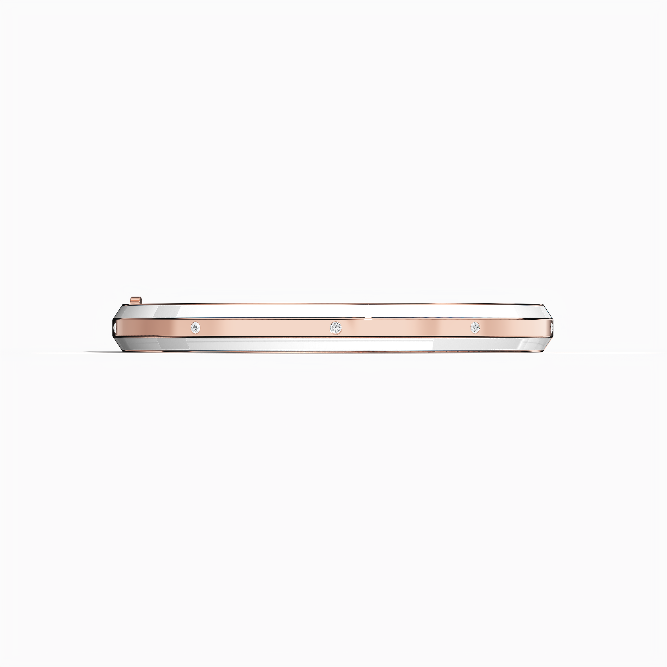 Front view of a side enamel 9-Diamonds bangle carrying 0.25 carat total diamond weight in exquisite rose gold—sometimes called pink gold, red gold, or blush gold. Also known as a diamond-encrusted bracelet, kada, or armlet, it showcases a luminous white enamel strip—pearl or ivory toned—enhancing nine sparkling diamonds. Keywords: diamond bangle, rose gold, white enamel, 9 diamonds, unisex.