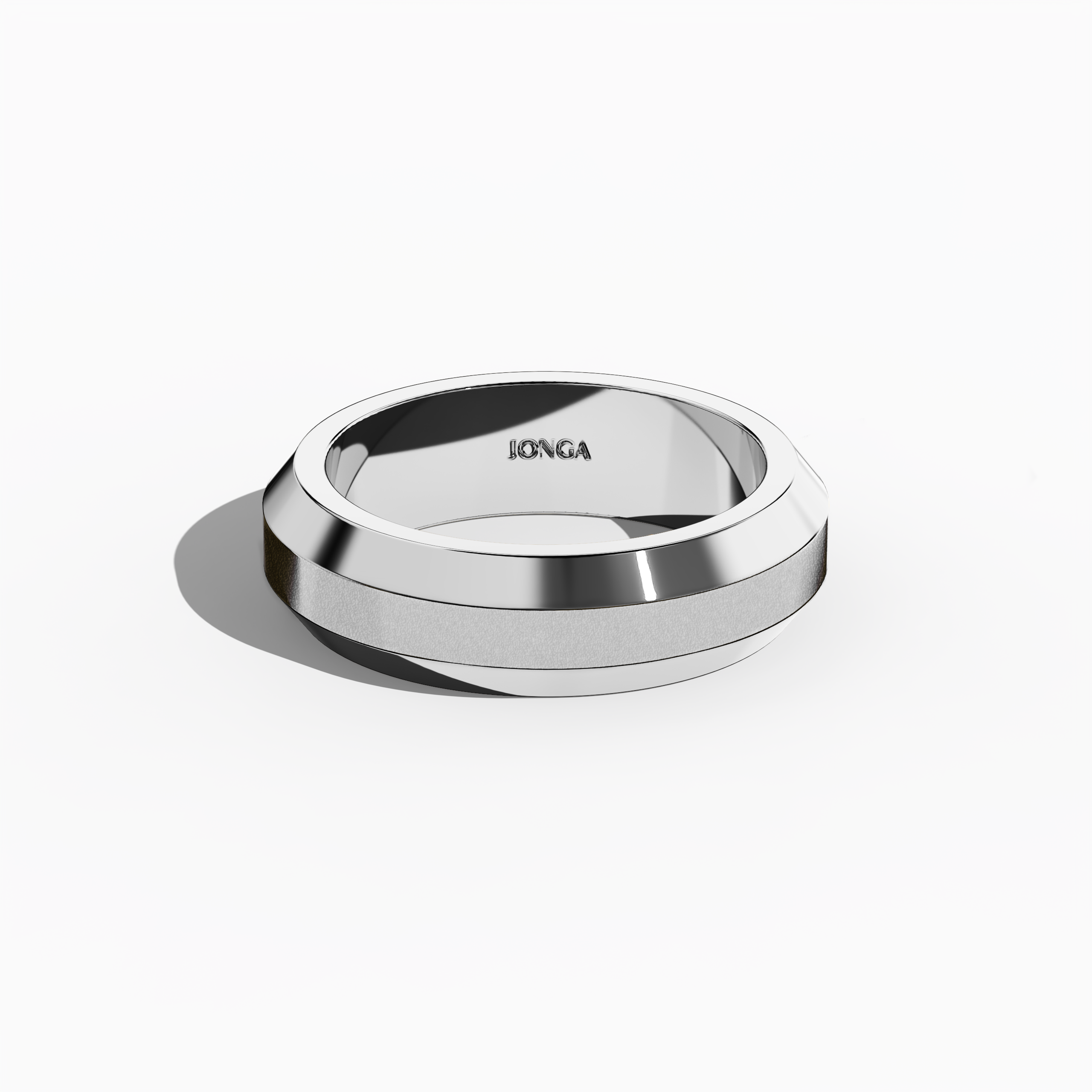 Image displaying a refined three‐step design white gold (luminous white, sterling white) wedding band with a robust 6.5mm width, featuring a smooth matte‐finished center step paired with lustrous glossy outer steps. This tiered, triple‐tier, layered, stepped, and graduated step band embodies modern elegance, exceptional artistry, and sleek sophistication. Captured in a sleeping front top view on a soft neutral backdrop, keywords include white gold, matte, glossy, wedding band, and contemporary design.
