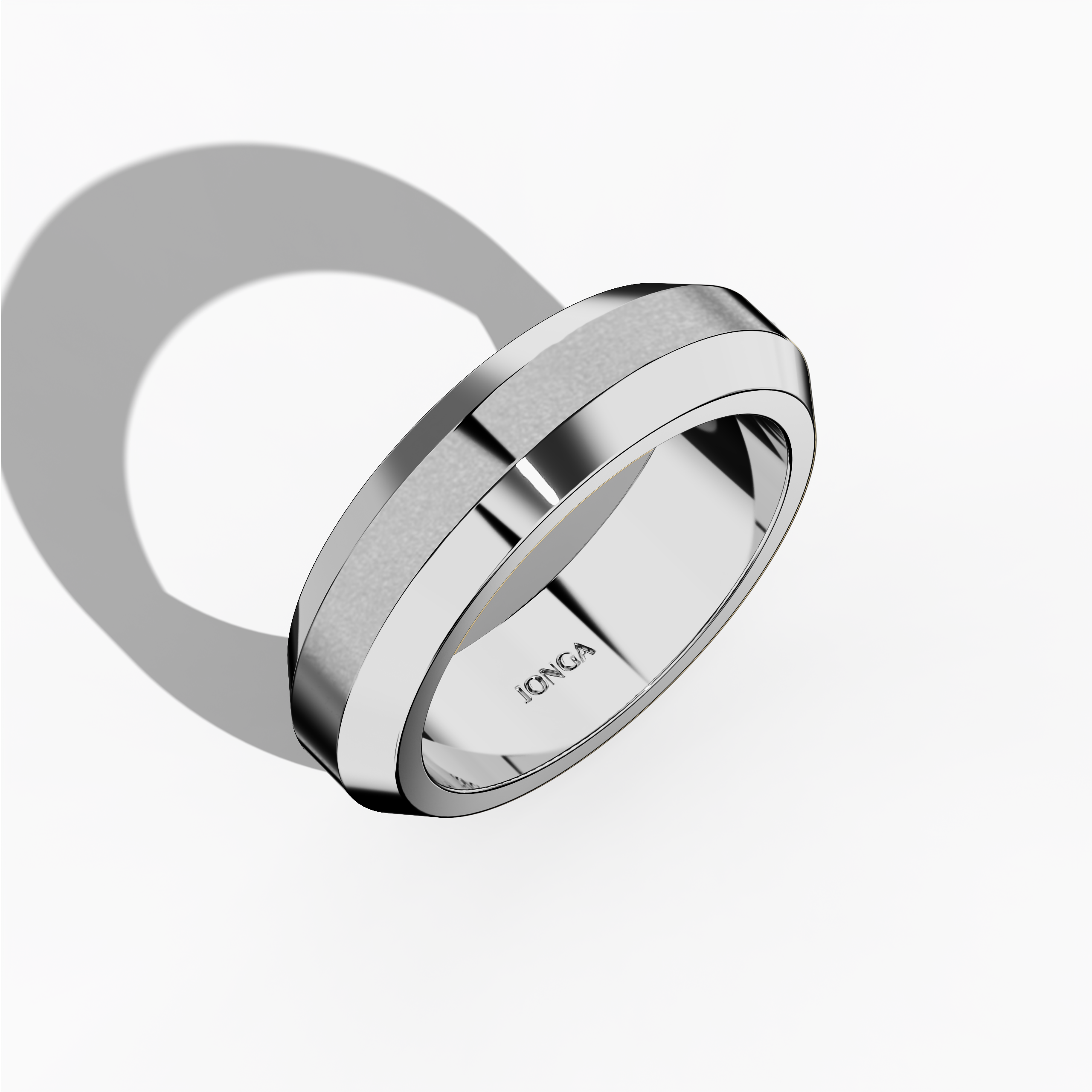 Visual depiction of a luxurious three‐step design white gold (luminous white, sterling white) wedding band, boasting a 6.5mm width with a distinct matte center step and radiant glossy outer steps. The design—described as tiered, triple‐tier, layered, stepped, and graduated step band—exemplifies refined craftsmanship and modern allure. Shown in a standing front top side view on a minimalist background, keywords include white gold, matte finish, glossy polish, and innovative wedding band design.
