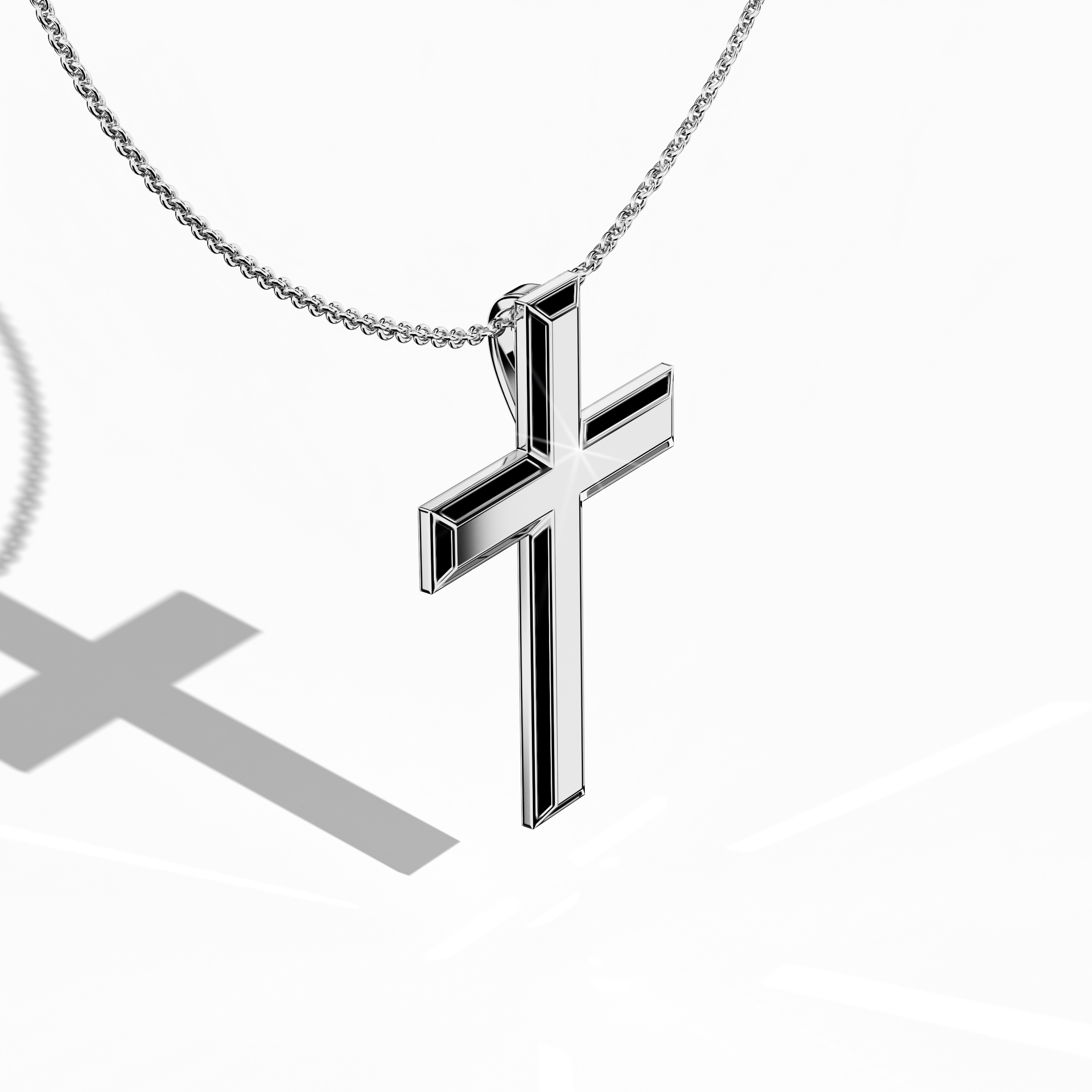 3 step cross pendant side black Enamel in white Gold