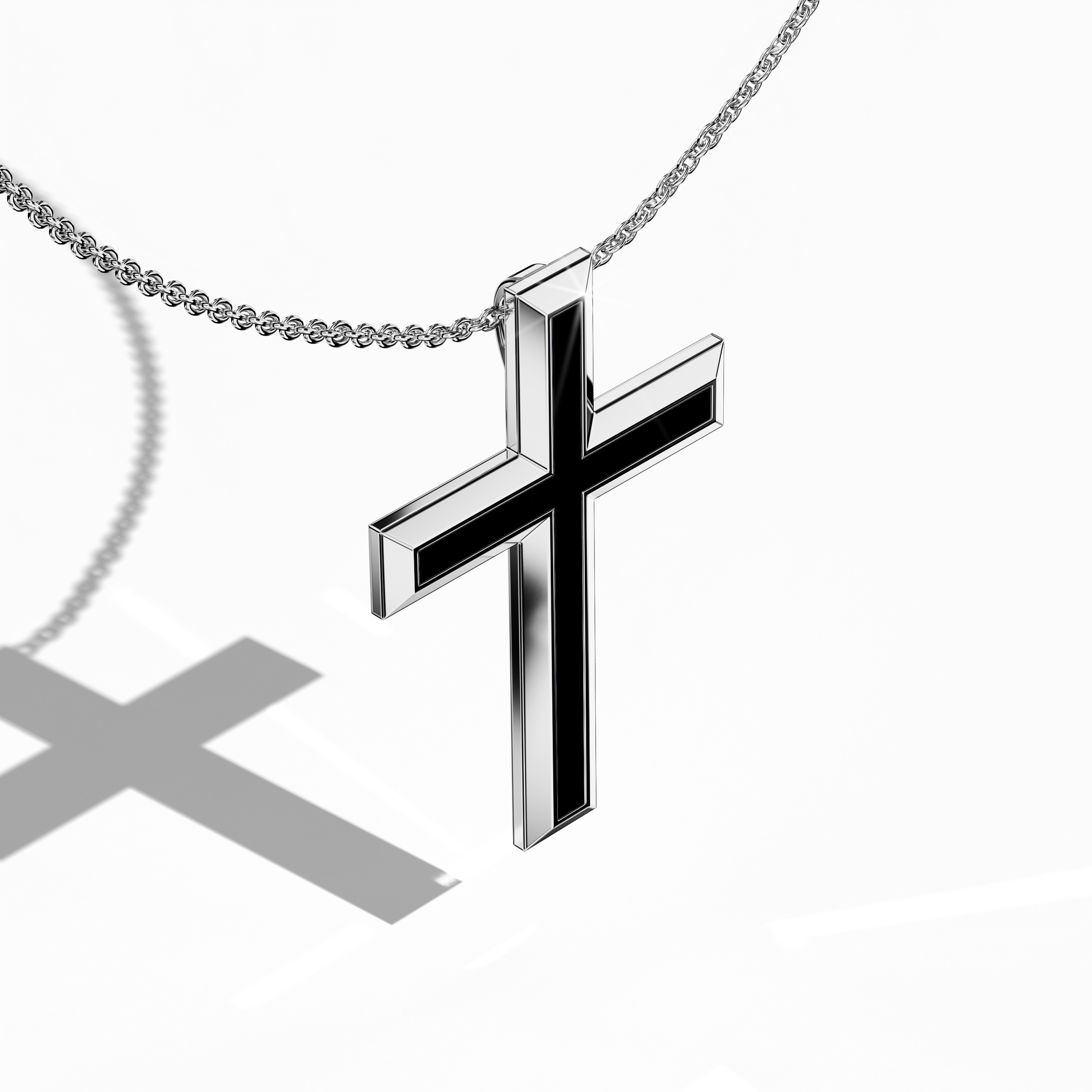 3 step cross pendant center black Enamel in White Gold