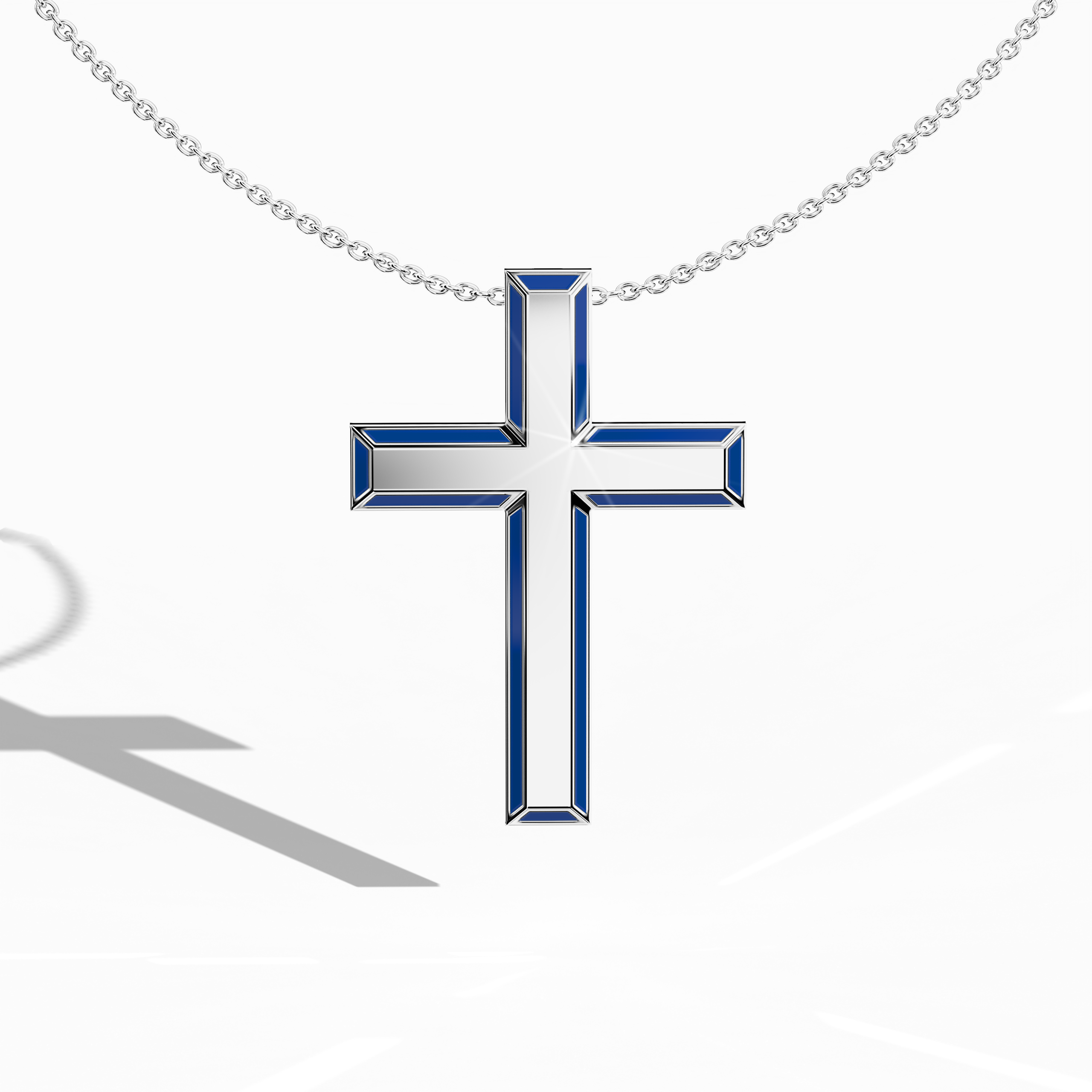 3 step cross pendant side blue Enamel in white Gold