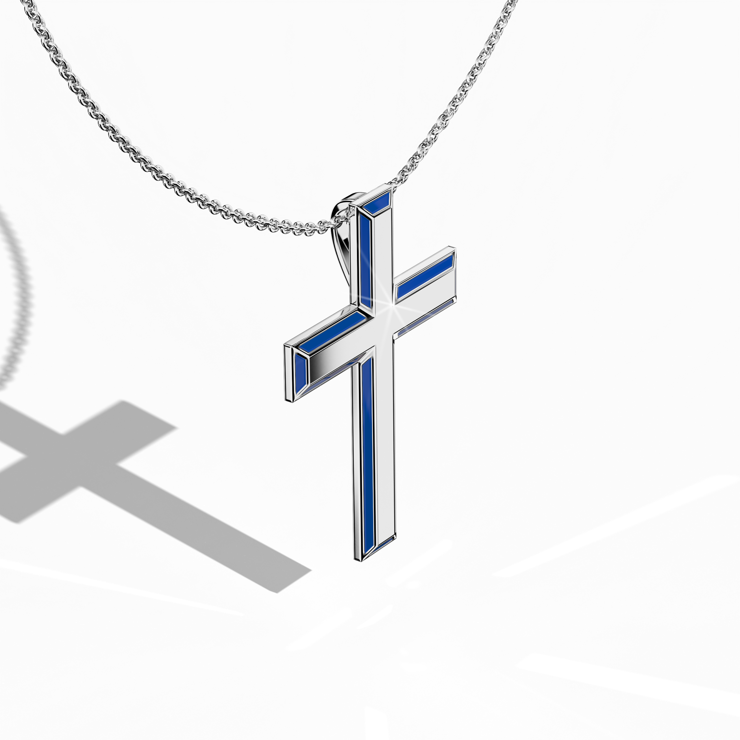 3 step cross pendant side blue Enamel in white Gold