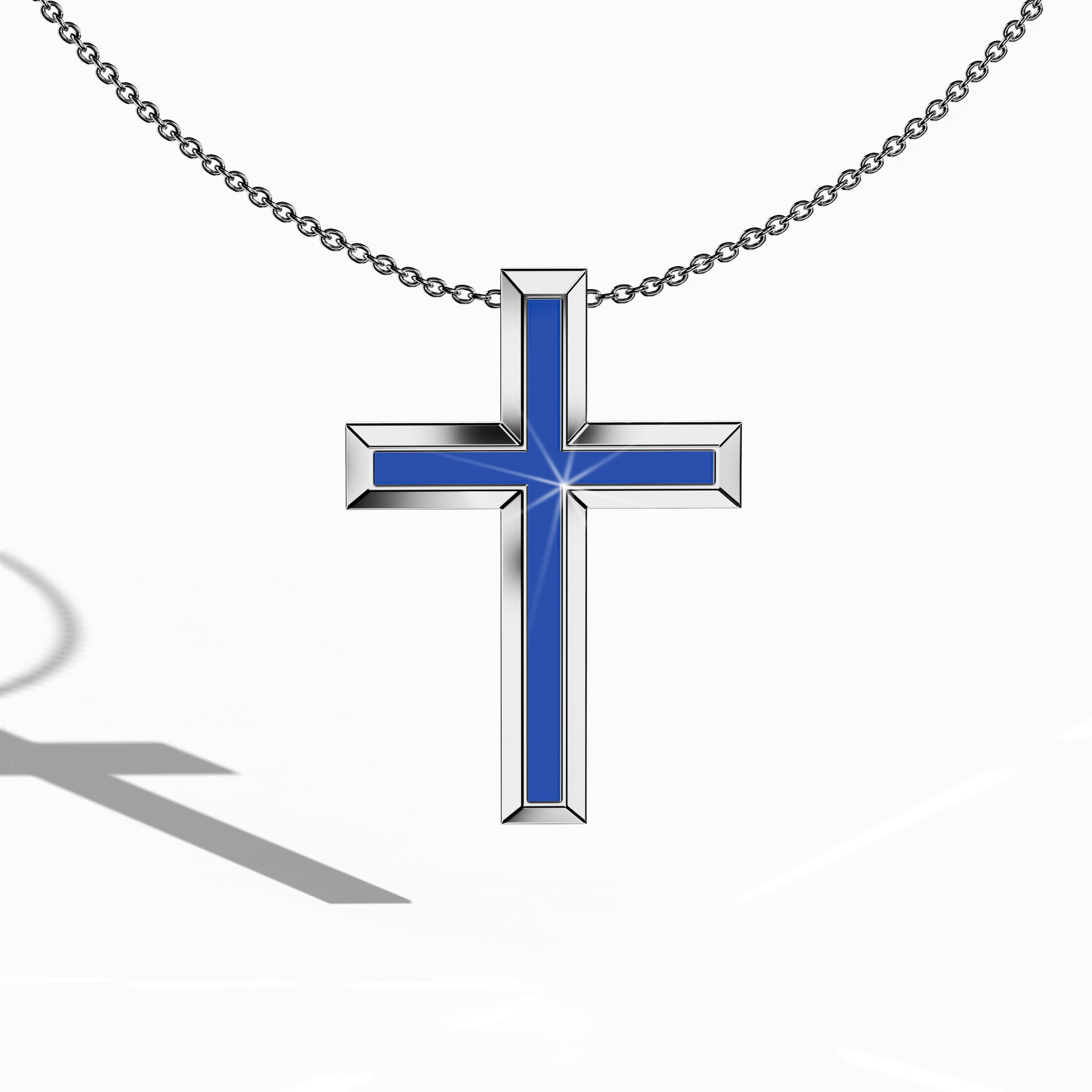 3 step cross pendant center Jonga Blue Enamel in White Gold