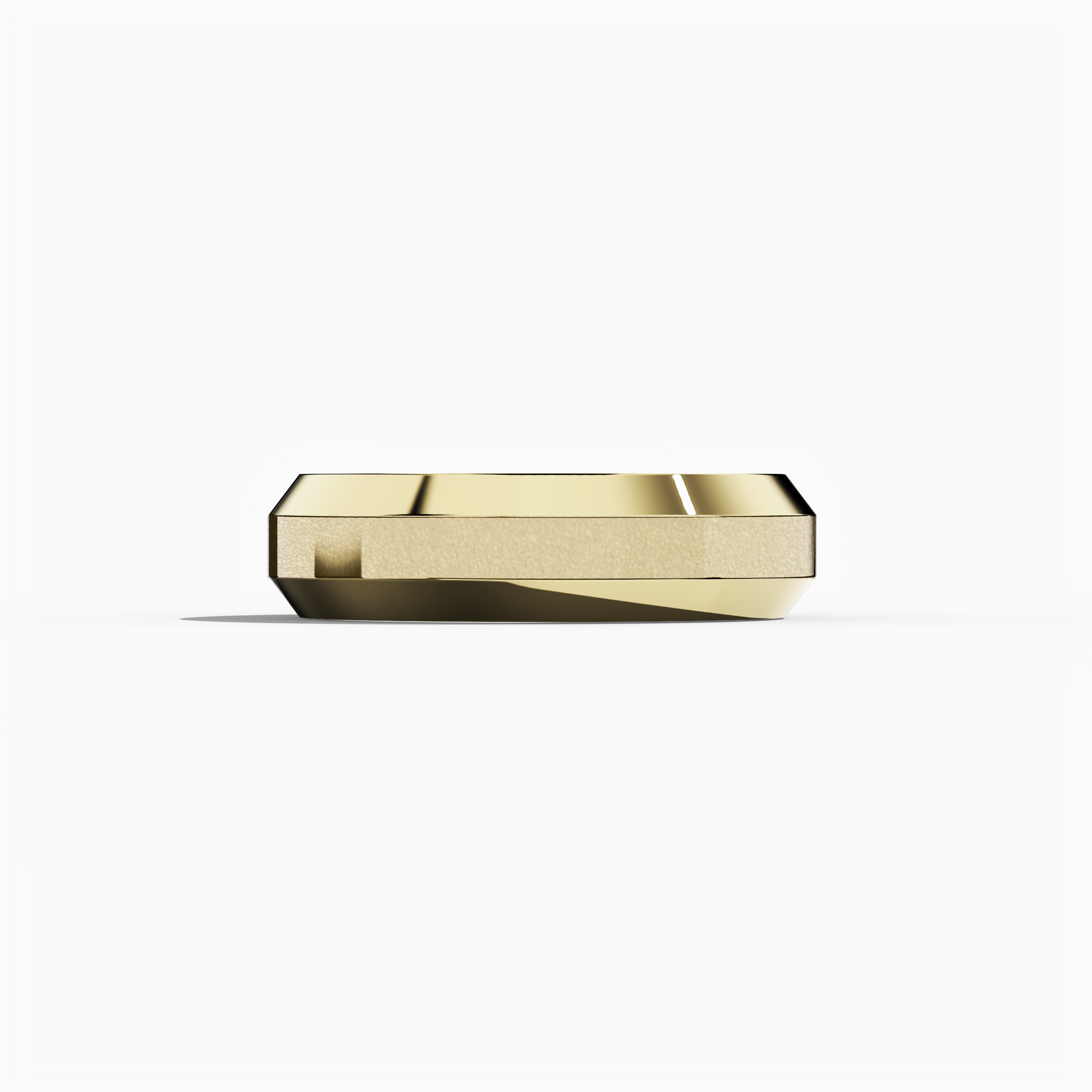 Image showcasing a striking three‐step design yellow gold (classic gold, sunlit gold) wedding band, measuring 6.5mm in width with a distinctive matte‐finished center step complemented by dazzling glossy outer steps. This tiered, triple‐tier, layered, stepped, and graduated step band embodies timeless elegance, modern luxury, and superior craftsmanship. Captured in a sleeping front view on a soft neutral backdrop, keywords include yellow gold, matte, glossy, wedding band, and innovative design.