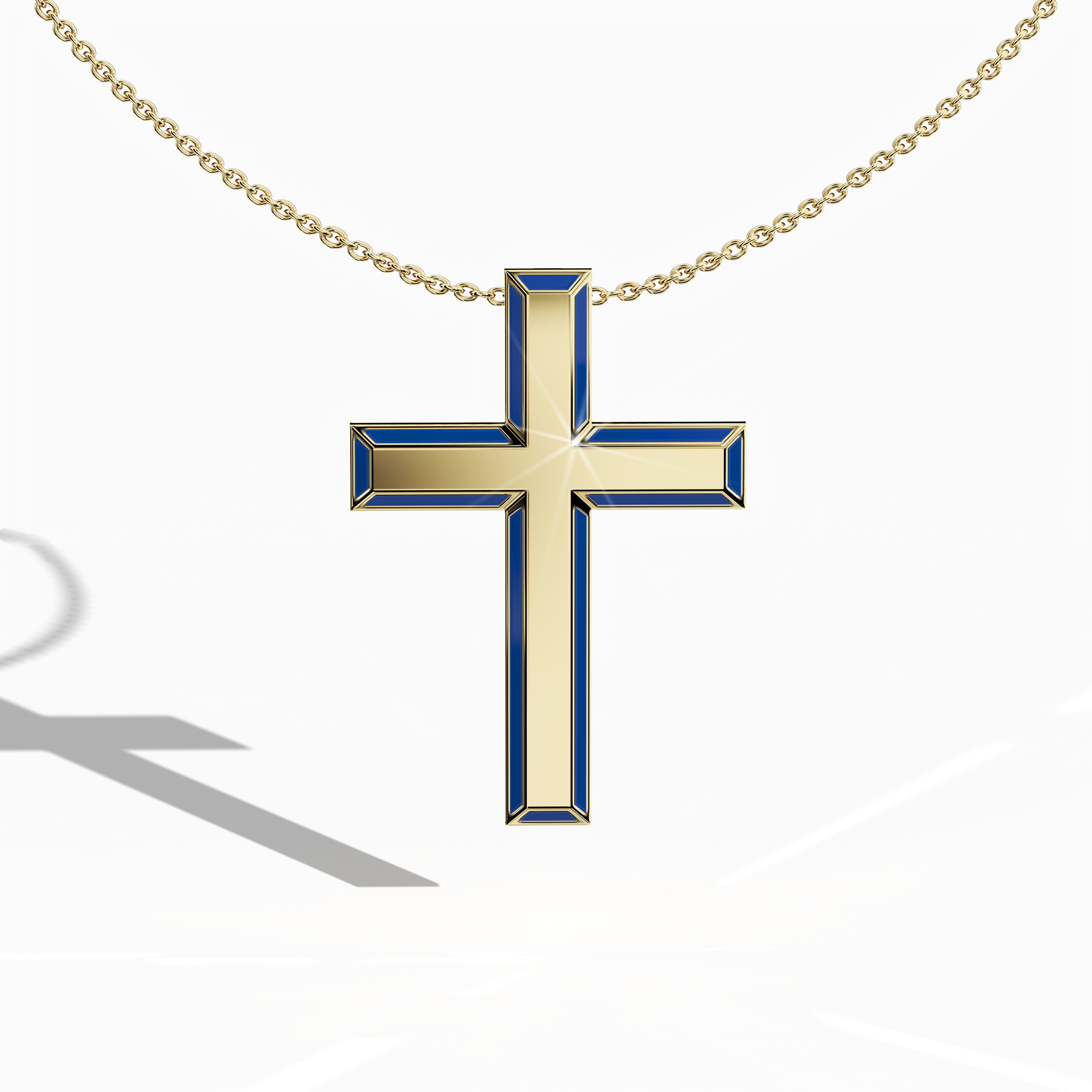 3 step cross pendant side blue Enamel in yellow Gold