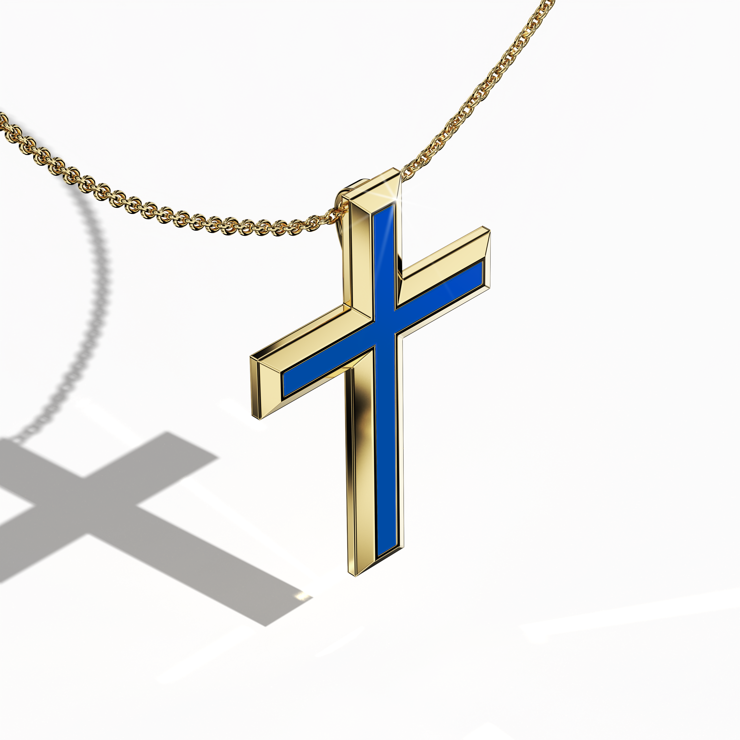 3 step cross pendant center Jonga Blue Enamel in Yellow Gold