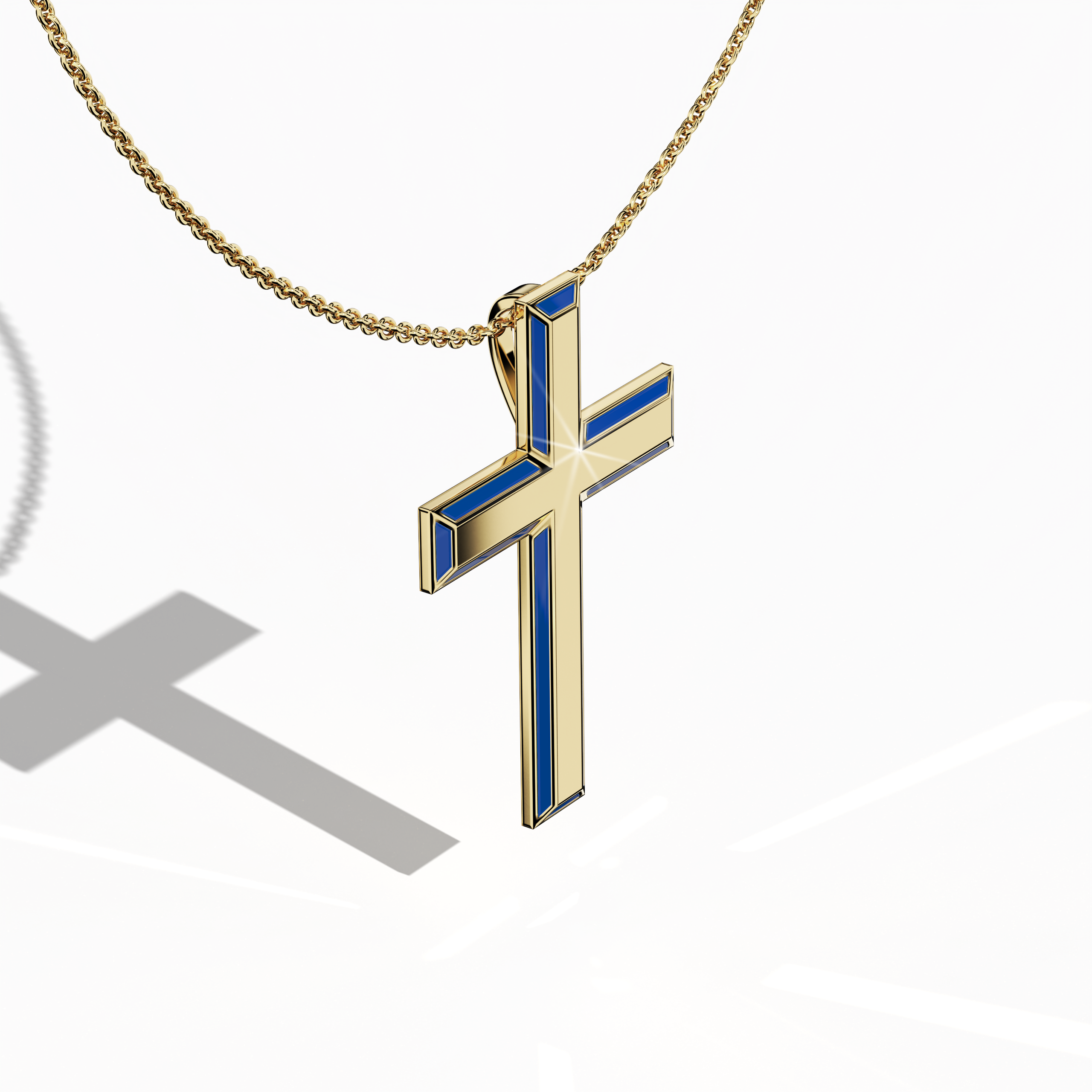 3 step cross pendant side blue Enamel in yellow Gold