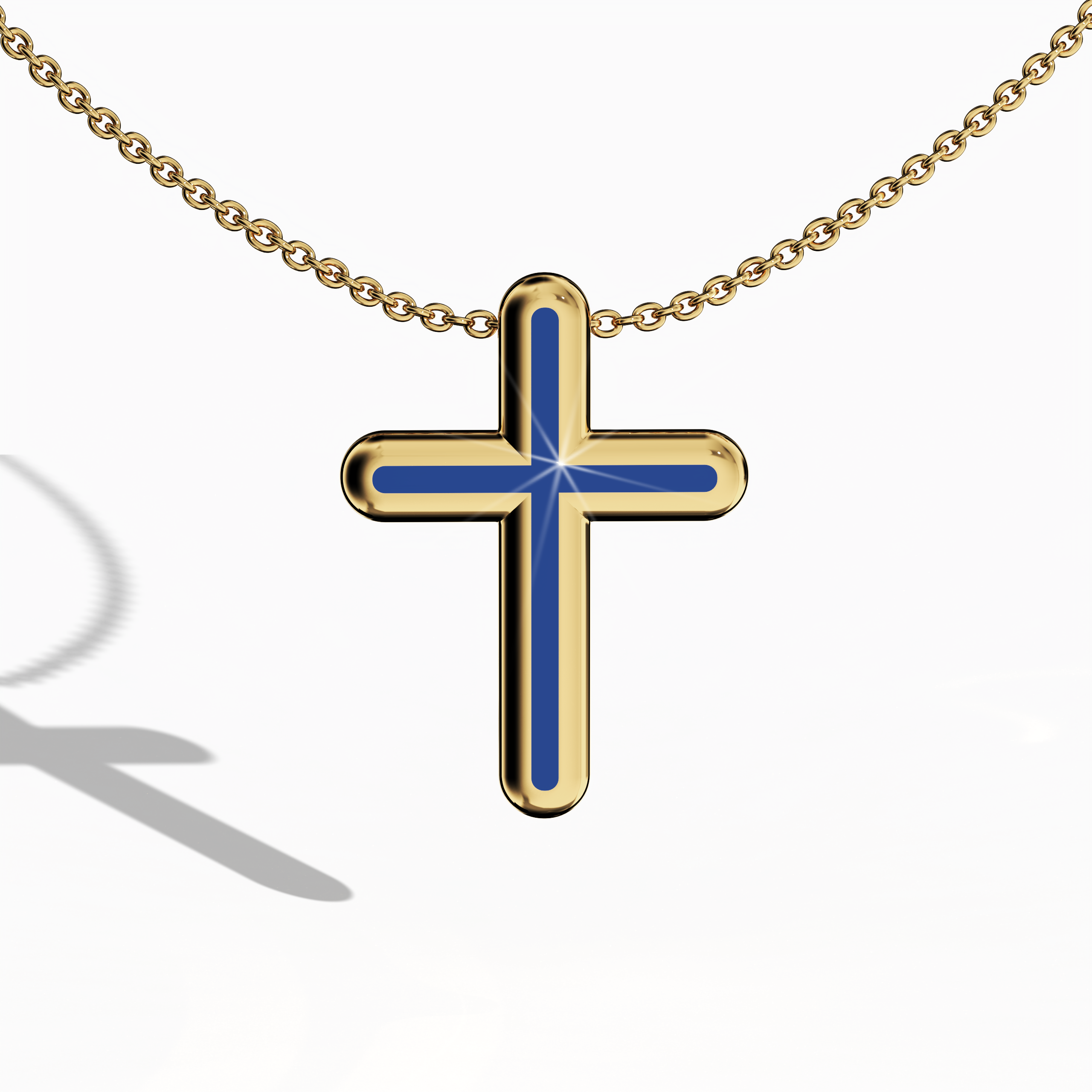 Simple Cross pendant in Jonga Blue Enamel in Yellow gold