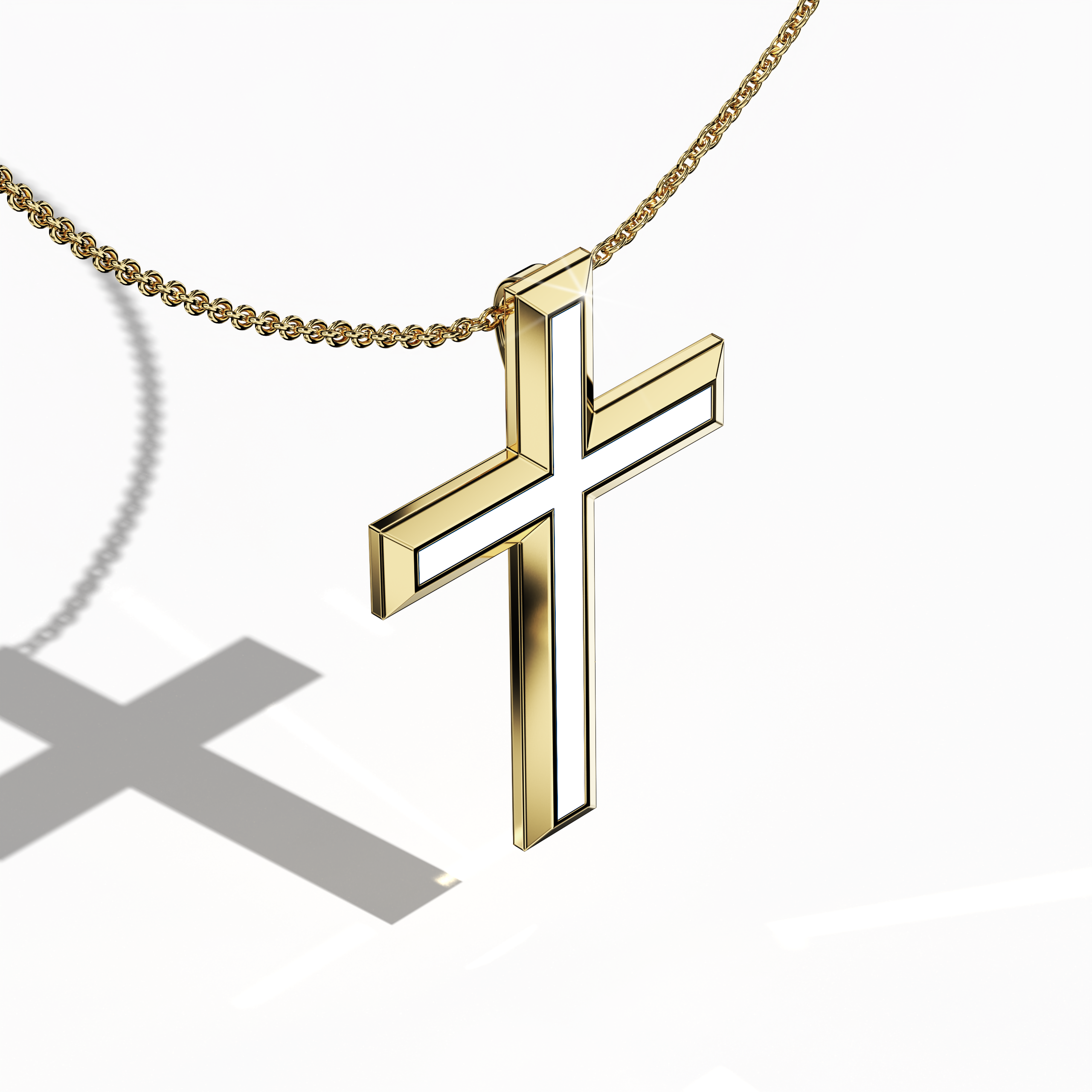 3 step cross pendant center white Enamel in Yellow Gold