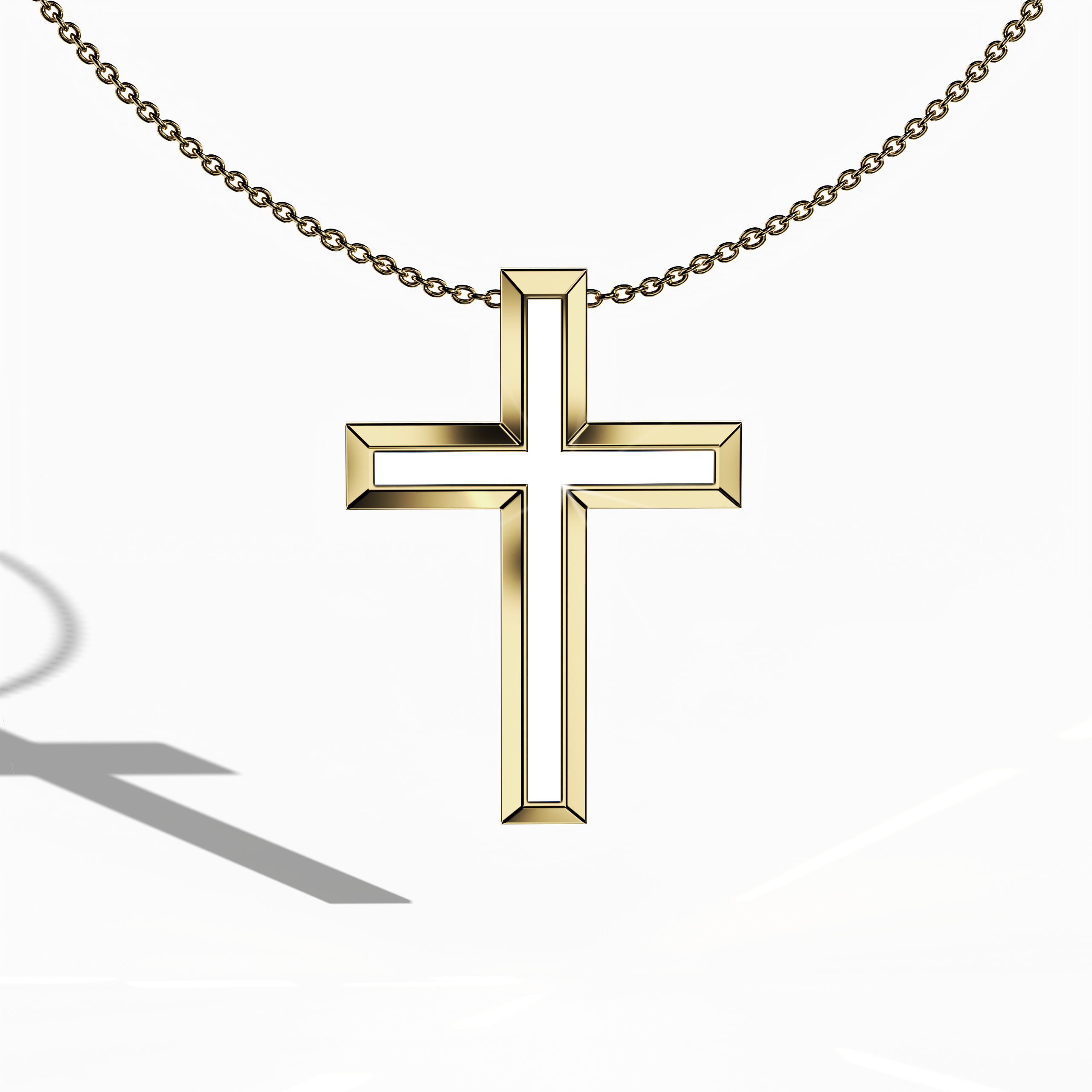 3 step cross pendant center white Enamel in Yellow Gold