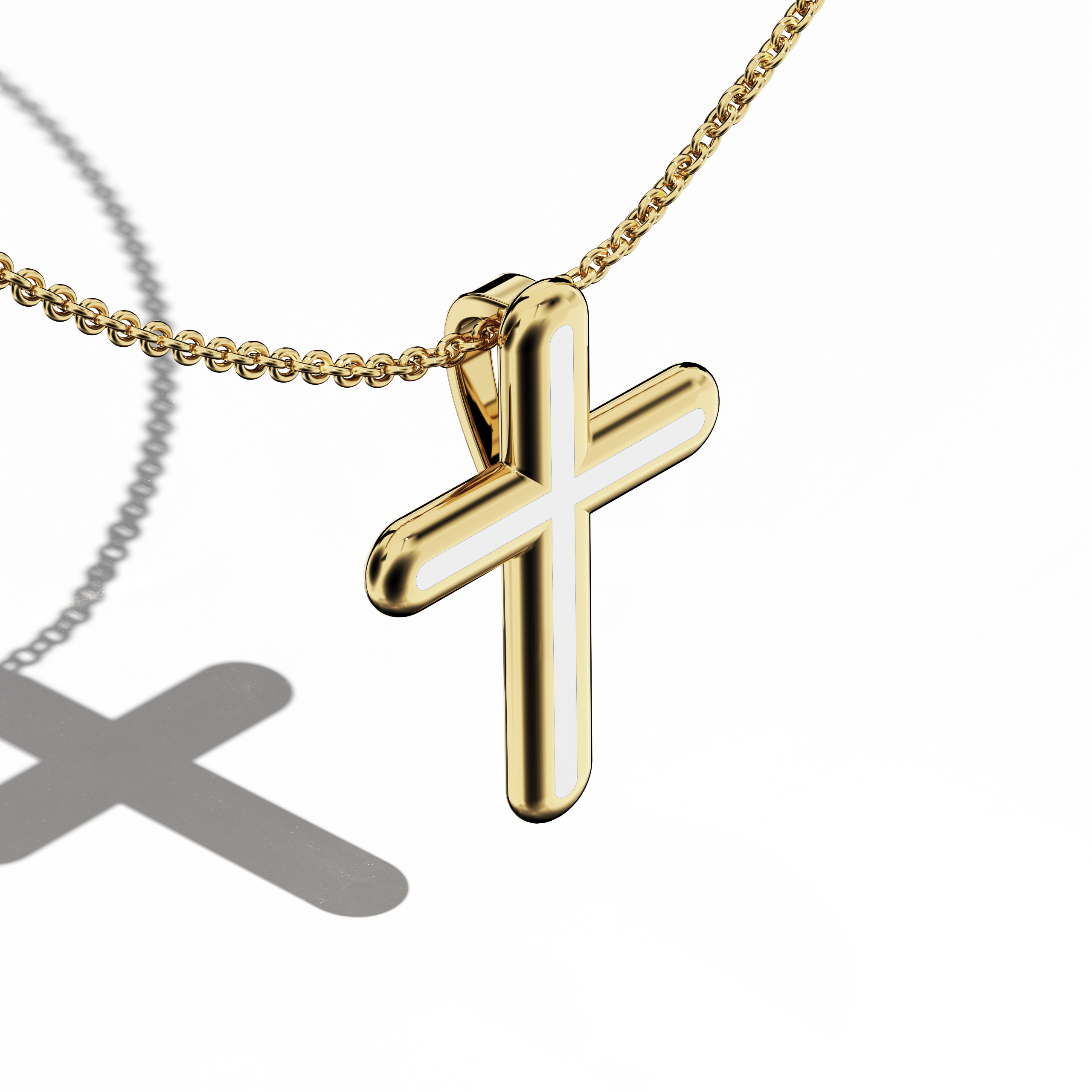 Simple Cross pendant in White Enamel in Yellow gold