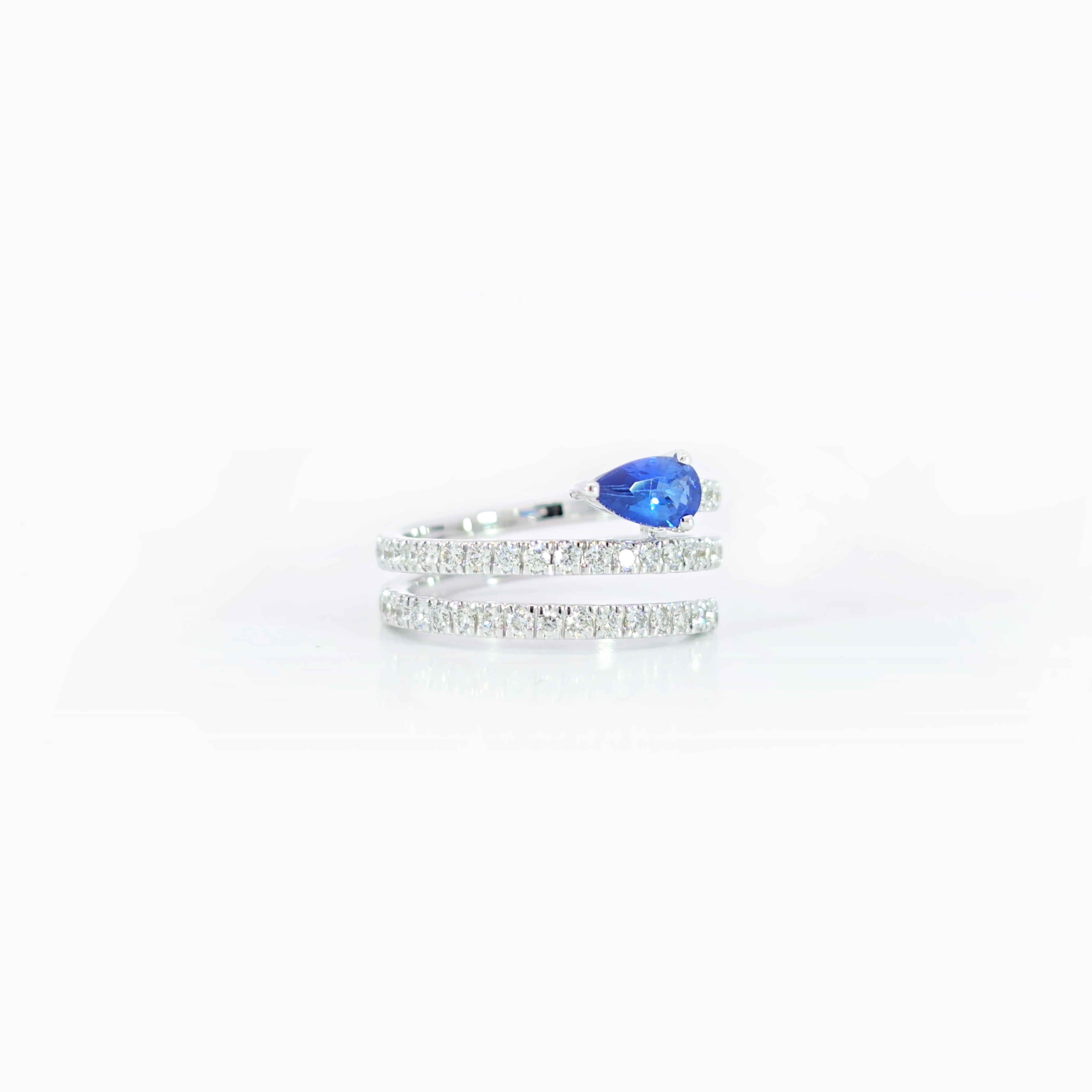 Blue Pear Emerald Spiral Ring with Diamond Pavé in 18K White Gold