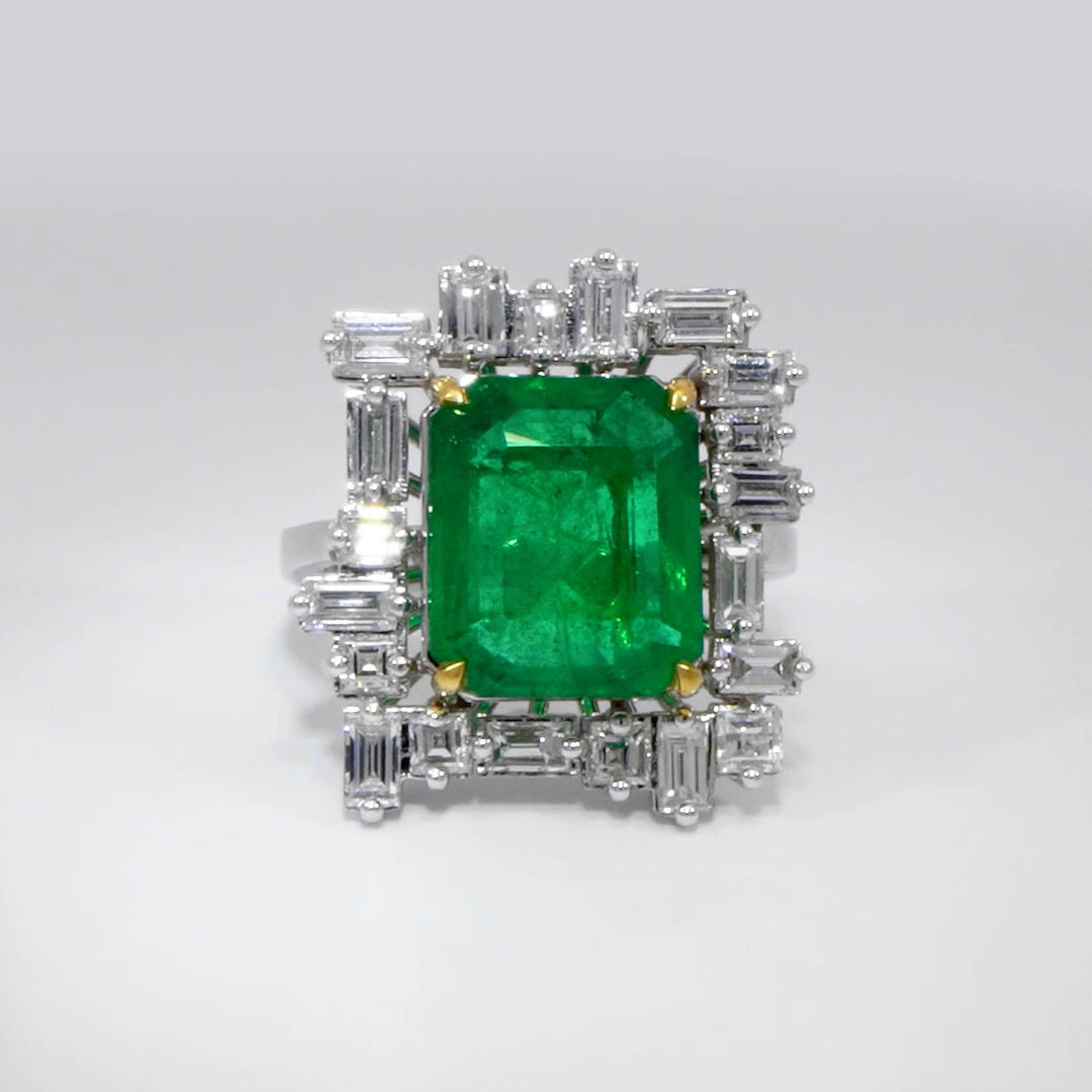 Green Emerald ring Tapered budget ring side diamonds