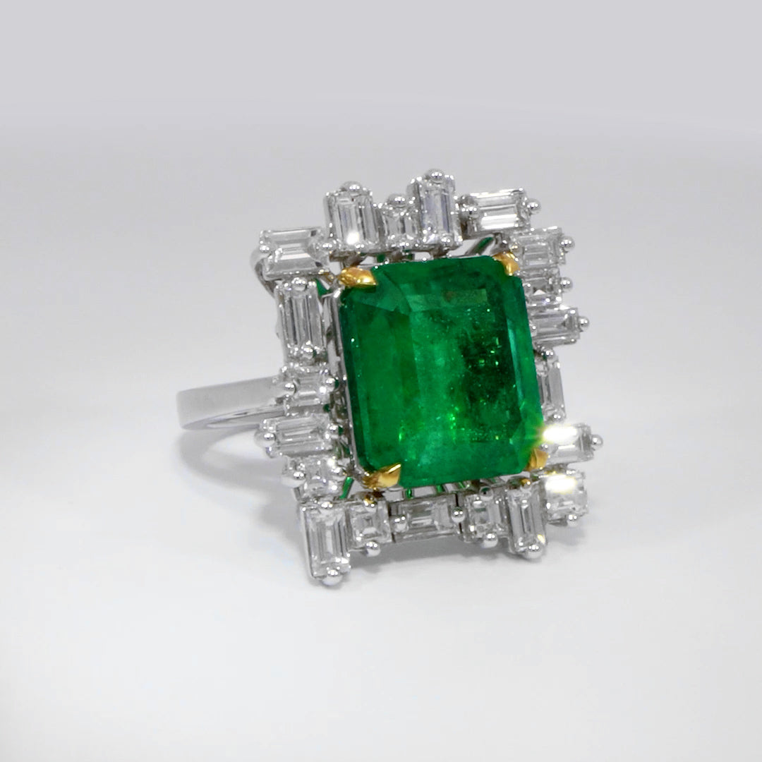 Green Emerald ring Tapered budget ring side diamonds