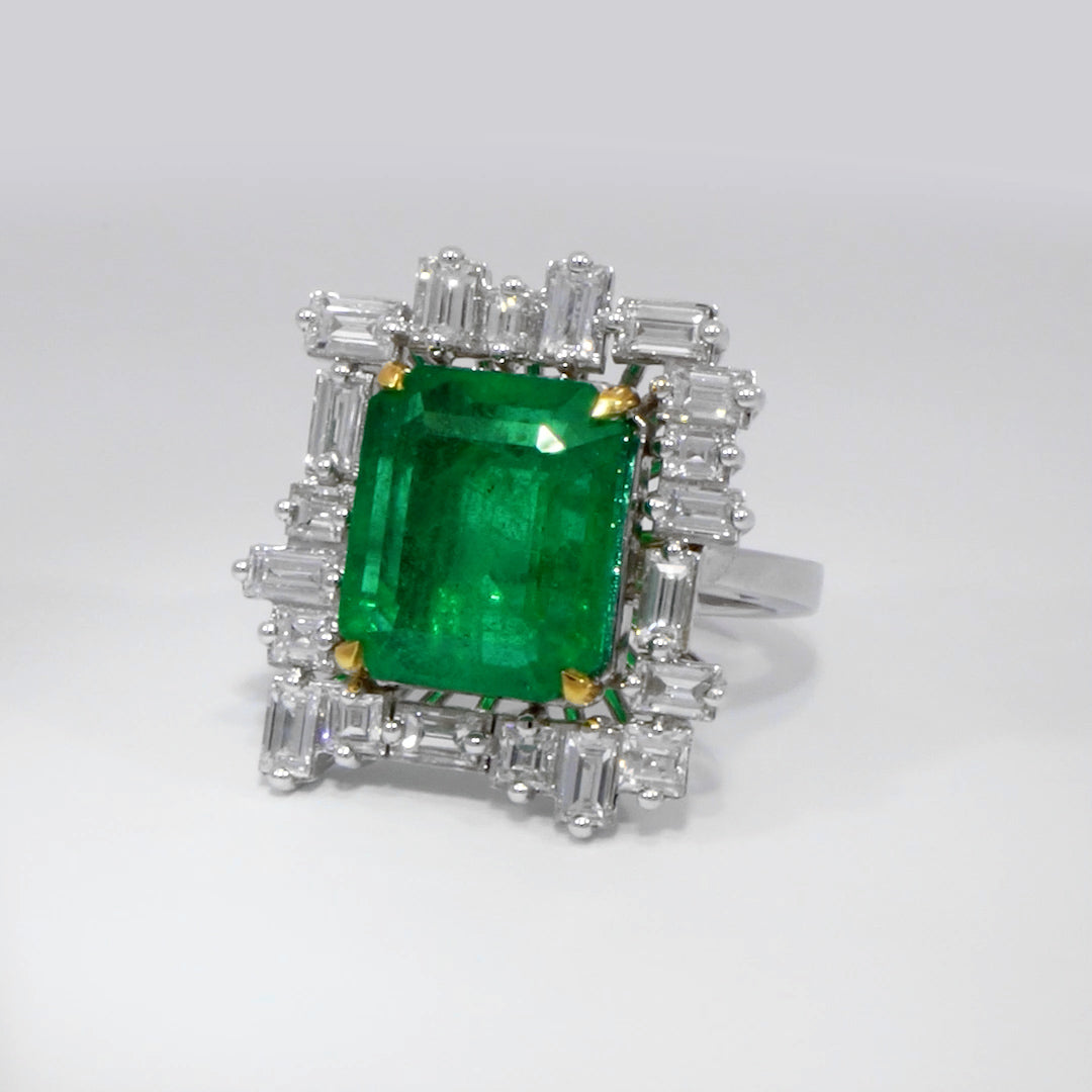 Green Emerald ring Tapered budget ring side diamonds