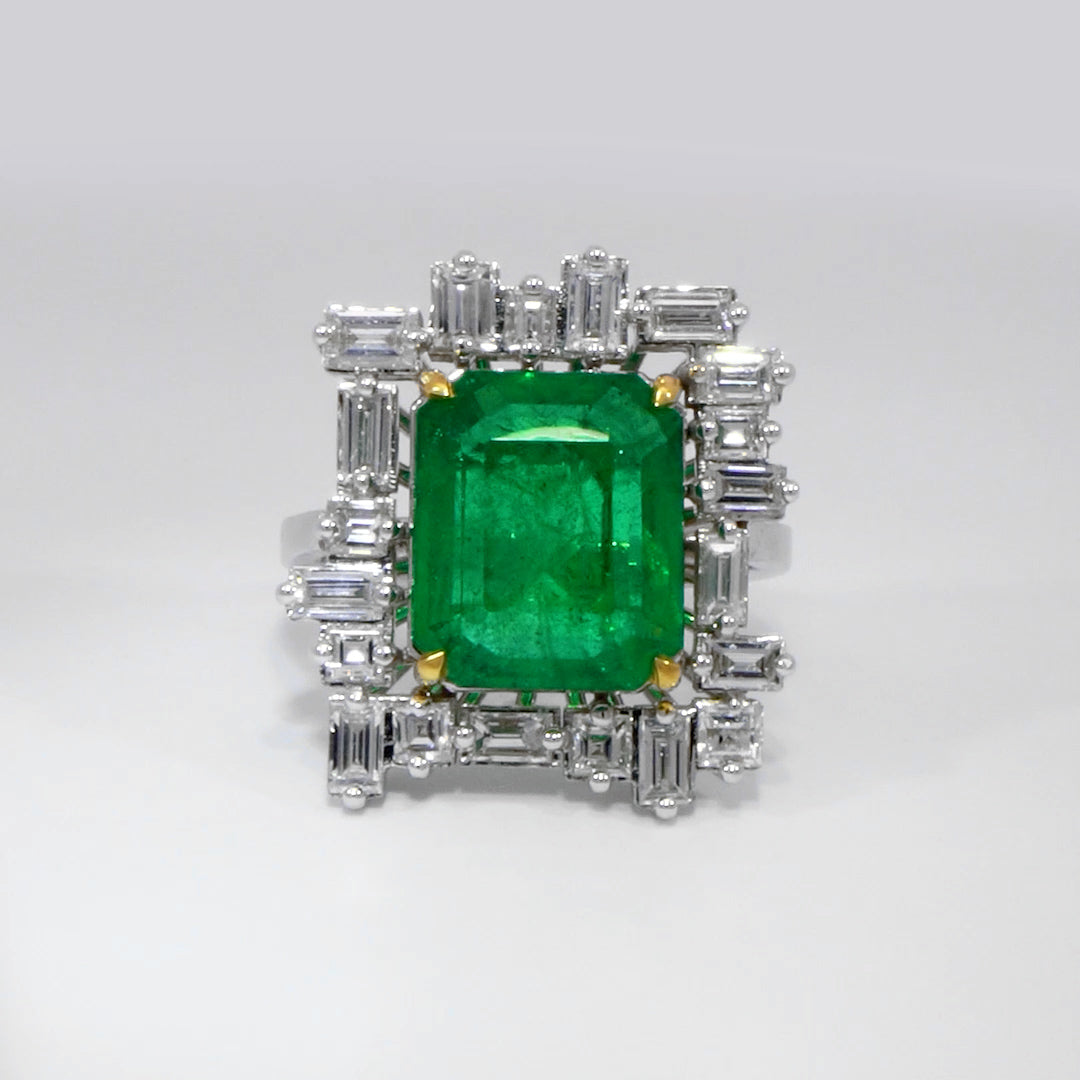 Green Emerald ring Tapered budget ring side diamonds