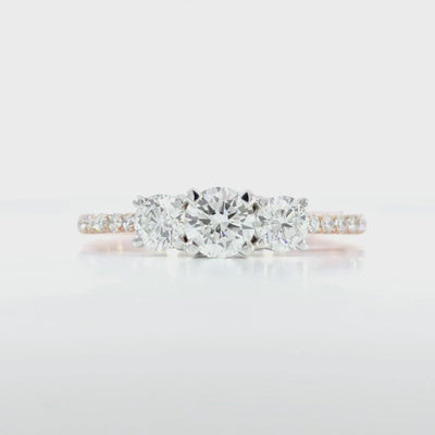 Round Trio Pave Ring video displaying 0.81 carat total D-F color VVS-VS clarity diamonds and rose gold craftsmanship
