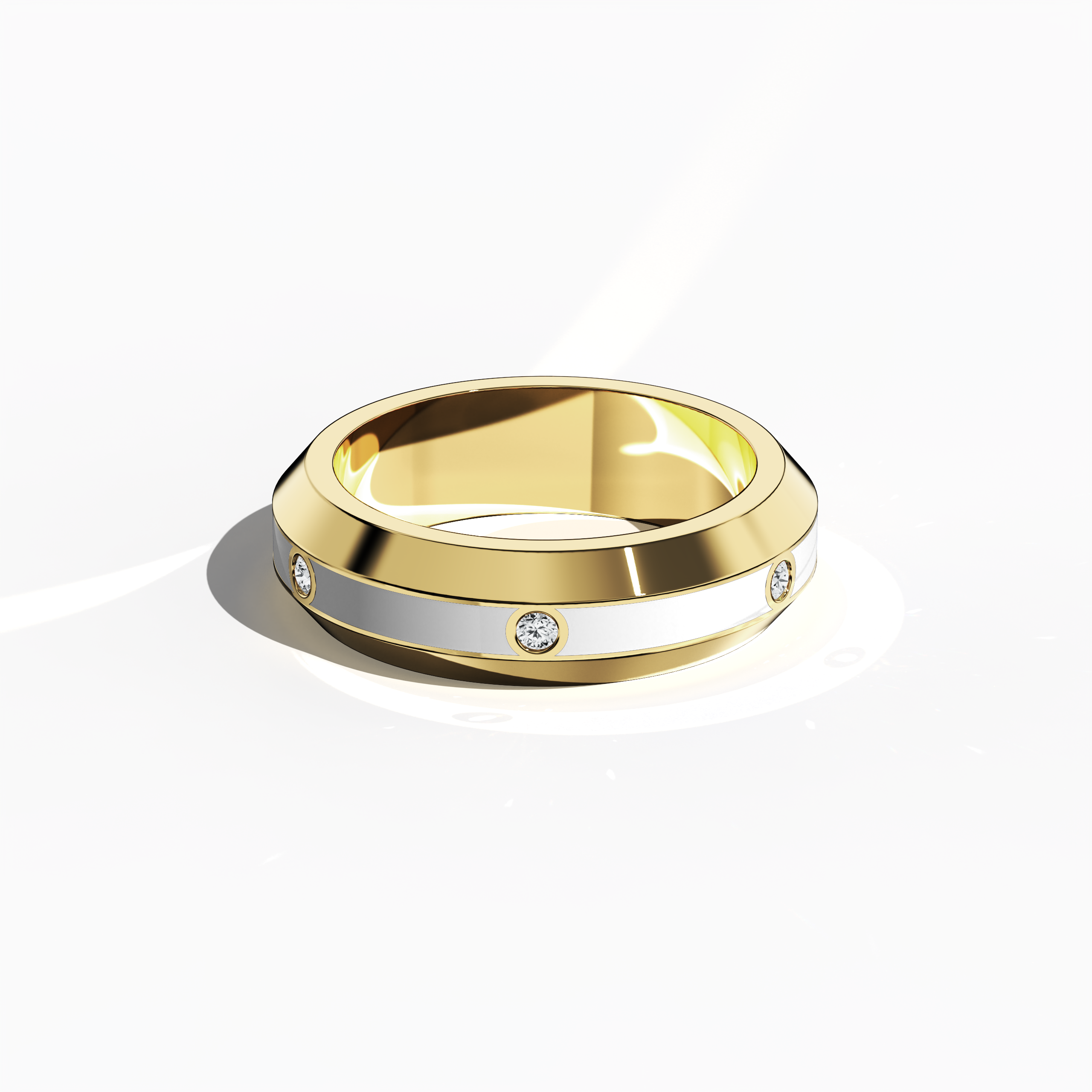 Center step White Enamel 6 diamond ring in Yellow Gold