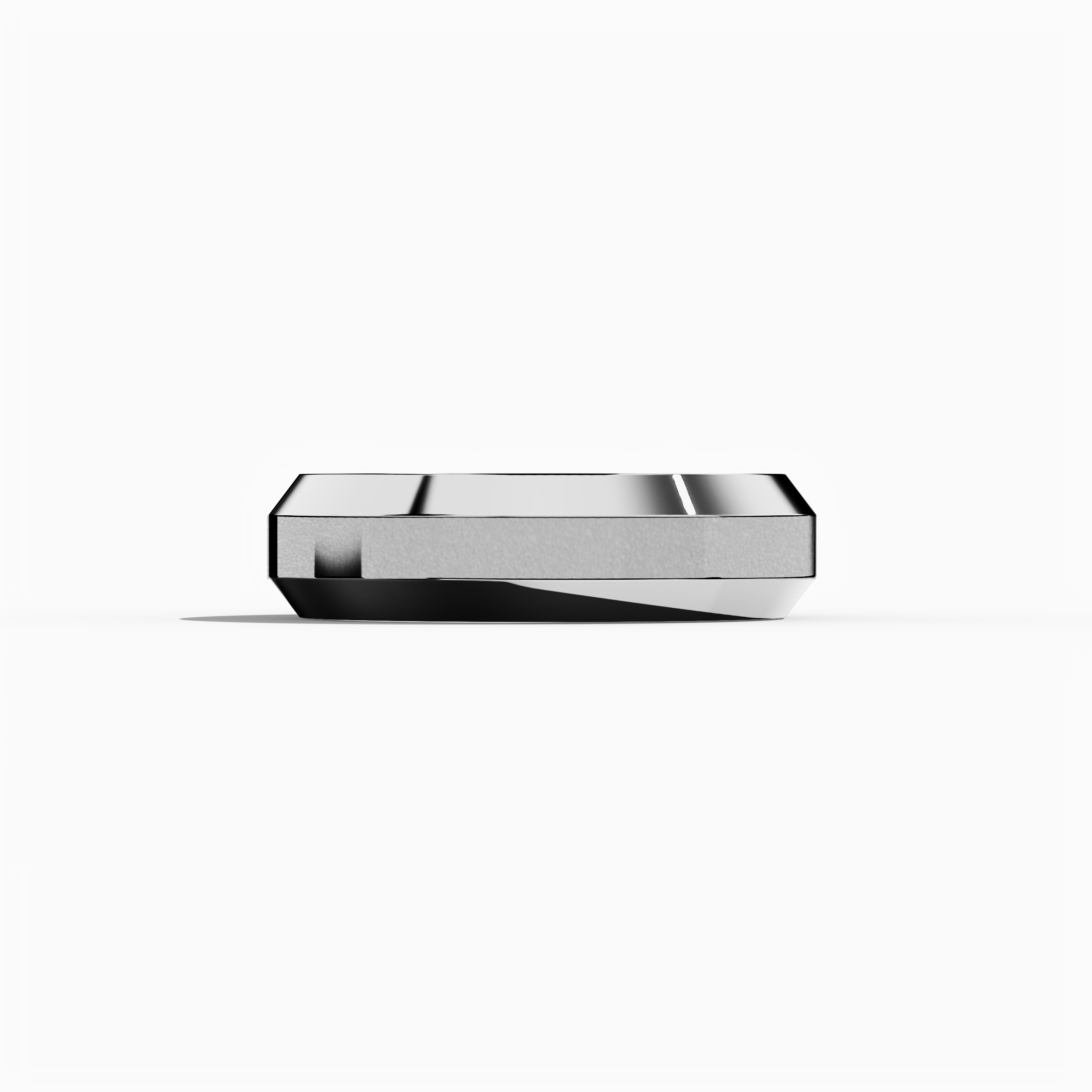 Image showcasing a meticulously crafted three‐step design white gold (luminous white, sterling white) wedding band, measuring 6.5mm in width, with a bold matte‐finished central step contrasted by brilliantly glossy outer steps. This tiered, triple‐tier, layered, stepped, and graduated step band epitomizes modern sophistication, luxury, and refined artistry. Presented in a sleeping front view on a soft neutral background, keywords include white gold, matte, glossy, wedding band, and innovative design.