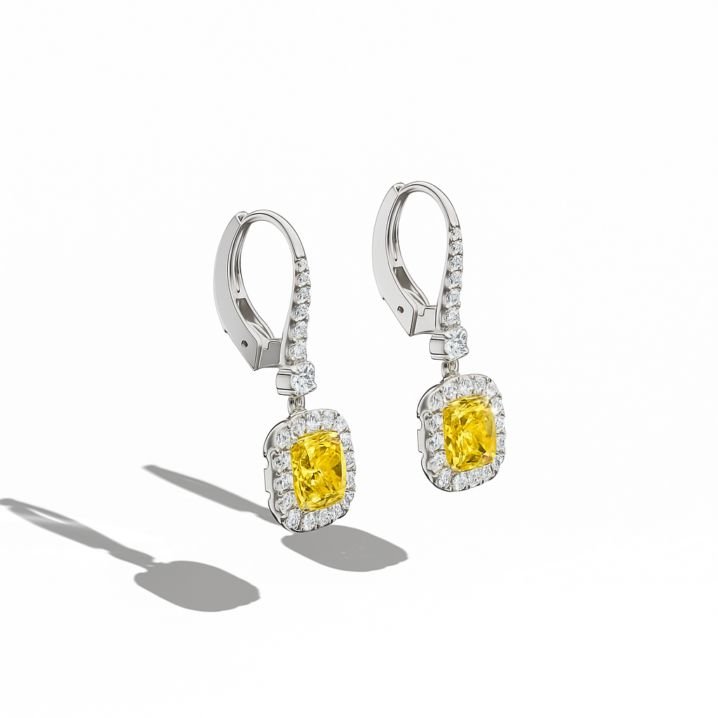Yellow Cushion Halo Earring in white Gold 2.68 carat total 1.00 carat each GIA certified D-F color VVS-VS clarity Dubai
